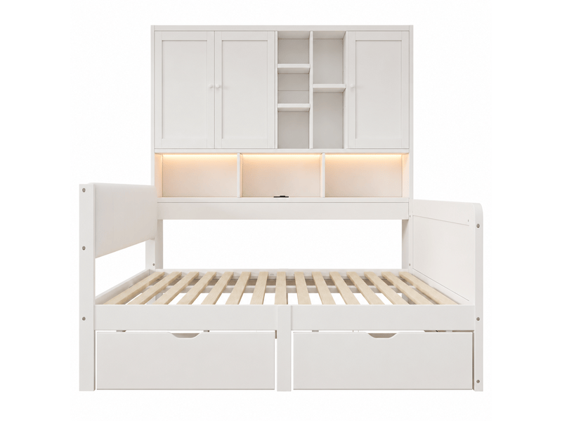  Lit enfant, lit coffre 140x200 avec éclairage led, ports de chargement usb et tiroirs, tête de lit rembourrée en pu, lit de jour, lit d'angle en bois, lit de jour avec étagères et placards, blanc  - Conforama D