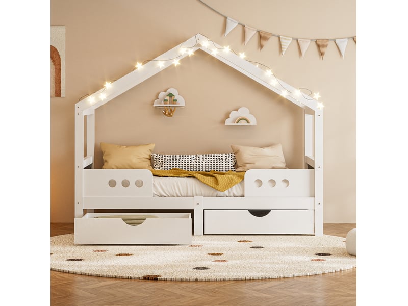  Lit cabane enfant 90x200 cm avec 2 tiroirs et tableau noir blanc  - Conforama E