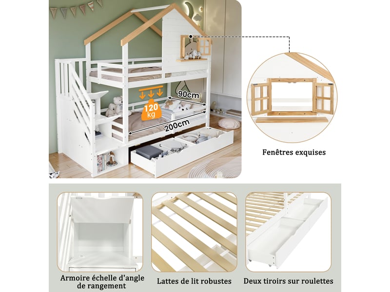  Lit superposé enfant 90x200 cm – blanc et naturel – escalier de rangement, 2 tiroirs et fenêtre ouvrante  - Conforama E