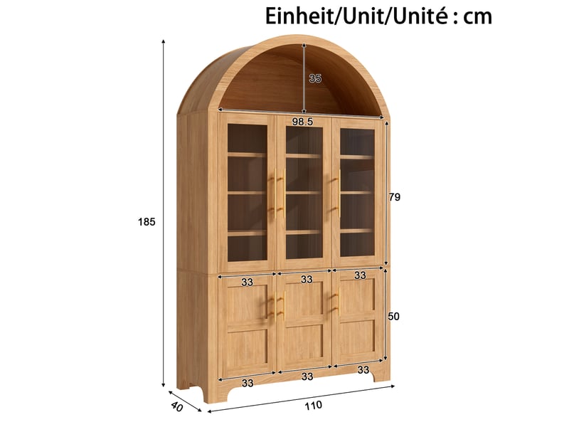  Buffet haut naturel avec niche en arc, 3 portes vitrées, 3 portes pleines, étagères réglables, poignées en aluminium  - Conforama C