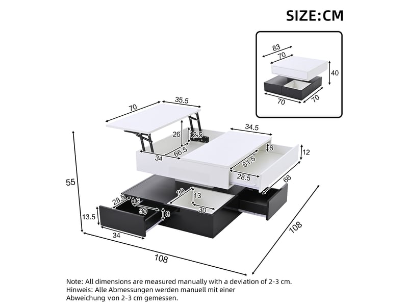  Table basse 70x70x40 cm avec plateau pivotant et relevable, 3 tiroirs, noire et blanche  - Conforama E