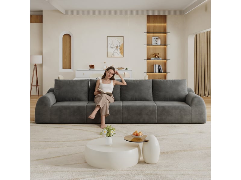  Canapé compressé 4 places, 324 x 95 x 85 cm, mousse haute élasticité, sans montage, tissu chenille, gris foncé  - Conforama D