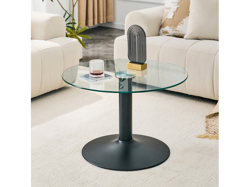  Table basse ronde fixe en verre de sécurité trempé avec piètement en métal stable pour salon noir 70 × 70 × 45 cm  - Conforama B