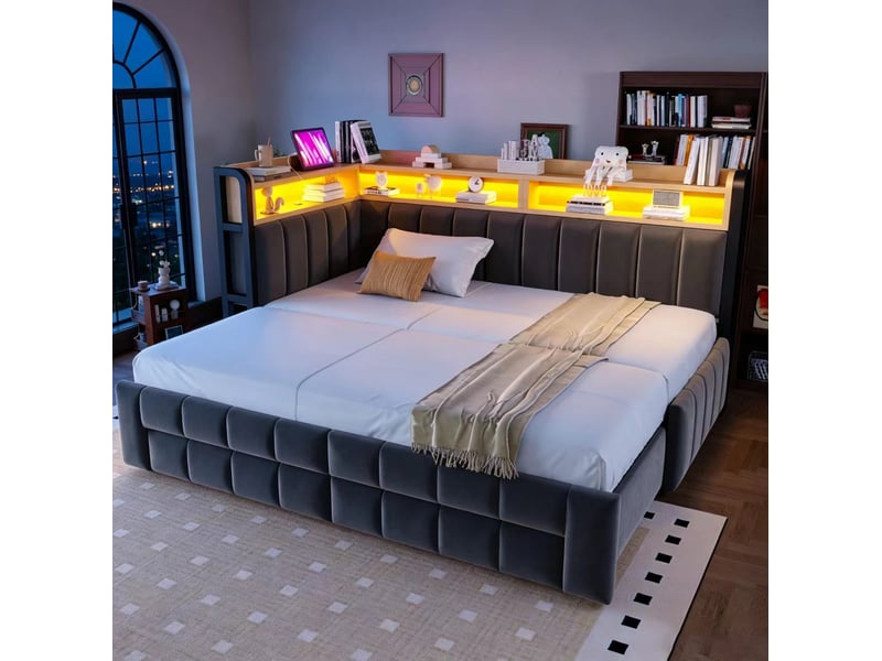  Canapé-lit gigogne extensible 90x200+180x200 cm avec rangement, led, usb et usb-c, mdf, métal, gris foncé, sans matelas  - Conforama D