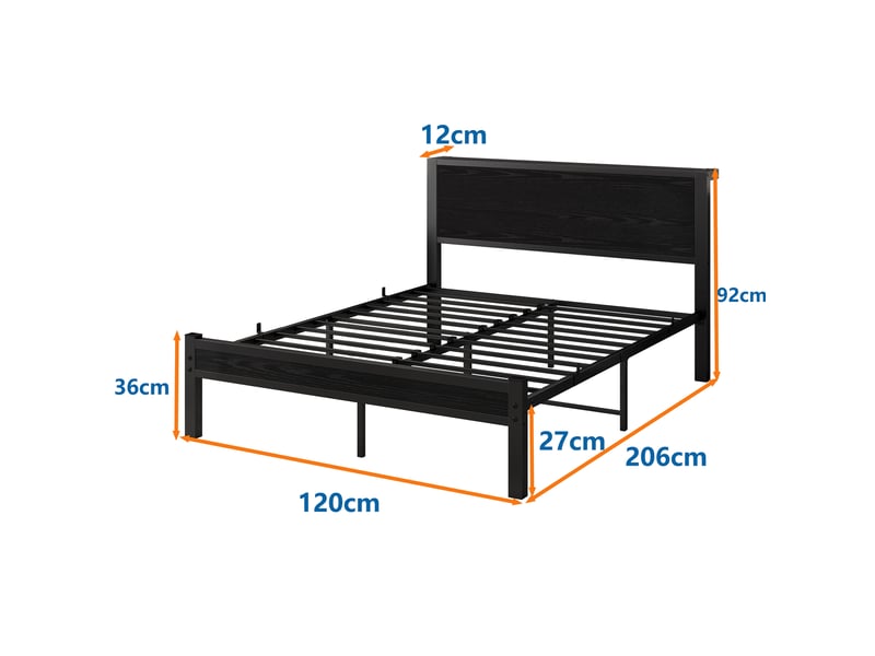  Lit simple 120 × 200 cm avec tête de lit à rangement, sans matelas, en mdf et métal, noir  - Conforama D