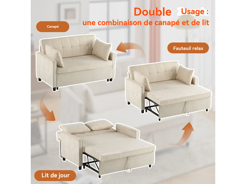 Canapé convertible clic-clac 2 places 142 x 79 x 85 cm, dossier réglable 2 positions, tissu chenille, beige  - Conforama E
