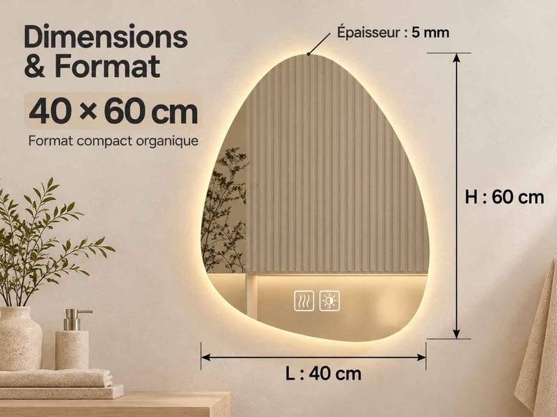  Miroir salle de bain led 40 × 60 cm, forme goutte d'eau avec éclairage 3 couleurs, antibuée et tactile dimmable  - Conforama C