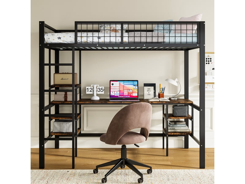  Lit en fer, lit superposé 90x200 cm, lit enfant avec table et étagère, avec échelle à quatre marches, fer+panneau de particules  - Conforama E