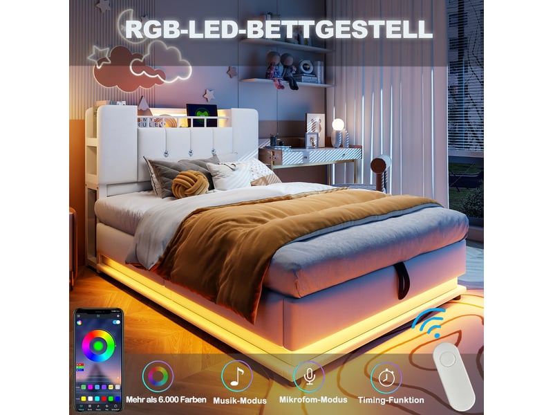  Lit enfant capitonné rembourré 90x200 cm en velours beige, coffre hydraulique, éclairage led, port usb, tête de lit capitonnée, sans matelas Luxe haut de gamme - Conforama D