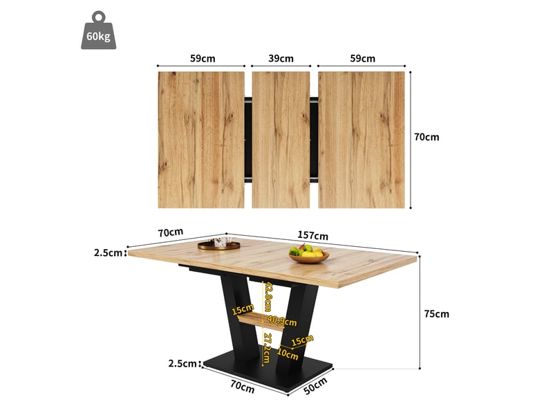  Table extensible 118-157x70x75cm, finition noir et naturel, motif imitation bois, dessus aggloméré, adaptée à la cuisine, piètement croisé métallique  - Conforama C