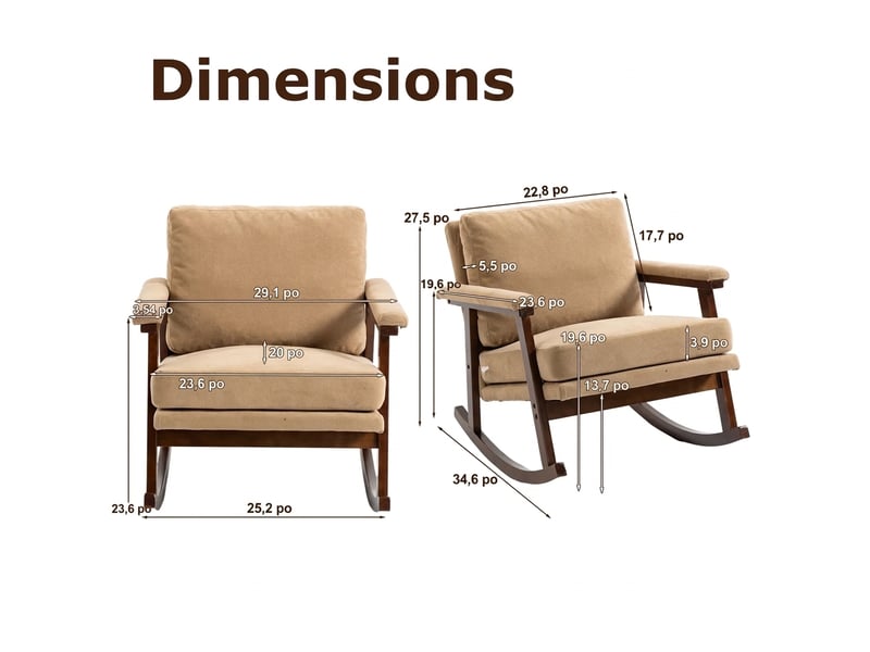  Fauteuil à bascule moderne mid-century, structure en bois robuste, fauteuil de lecture pour chambre marron  - Conforama E