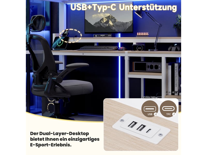  Lit mezzanine enfant 90×200 cm usb, type-c, led et étagères  - lit simple sans matelas, métal blanc  - Conforama E