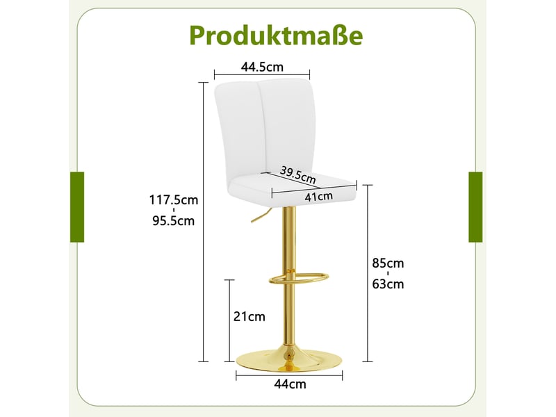  Lot de 2 tabourets de bar 95,5-117,5 cm réglables pivotants 360°, métal, polyuréthane, pour salon, cuisine, blanc et or  - Conforama C
