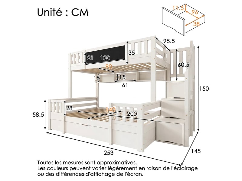  Lit superposé 3 places 90x200 et 140x200 bois massif blanc - tableau noir et escalier de rangement  - Conforama C