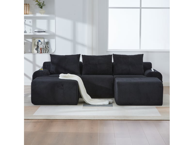  Canapé modulable 3 places 268x174x80 cm, 2 poufs porte-gobelet poche latérale assise large confort velours côtelé noir  - Conforama D