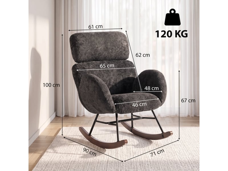  Fauteuil à bascule rembourré avec appui-tête réglable, revêtement en velours à motif gouttes de pluie, gris foncé  - Conforama D