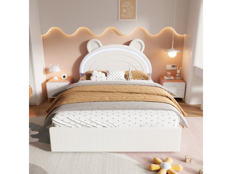 Lit enfant 140x200 cm avec led, tête de lit ours, 4 tiroirs de rangement, lit rembourré en velours beige OMNIGLINT TRADING LTD - Conforama B