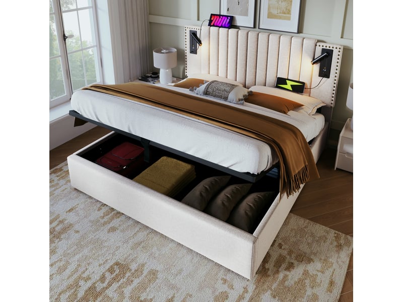  Lit coffre 140 x 200 cm beige en coton avec éclairage de lecture et ports usbusb type-c  - Conforama D