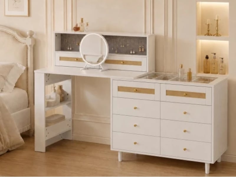  Coiffeuse 105×50×108cm, miroir + bijoux, 10 tiroirs, verre trempé, rotin, blanc  - Conforama D