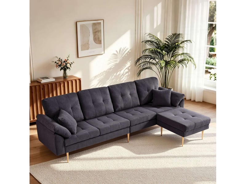 Canapé 4 places 250x70x87 cm avec pouf amovible en velours côtelé gris foncé - Conforama B