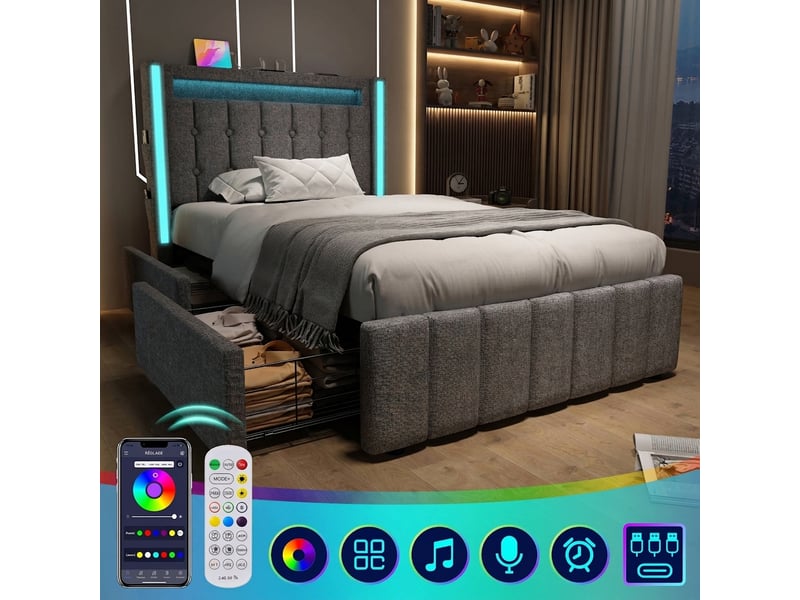Lit simple 90x200 capitonné gris avec matelas inclus, led, ports usbtype-c et 2 tiroirs de rangement - Conforama B