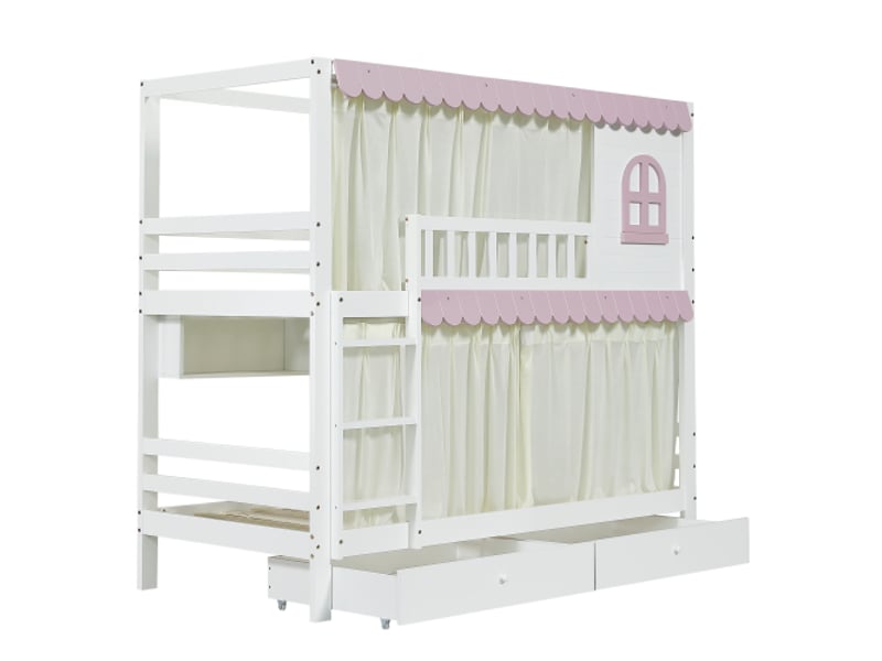  Lit superposé 90x200 cm, lit simple enfant, fenêtre, rideaux, étagères ouvertes, 2 tiroirs, blanc et rose, sans matelas  - Conforama E