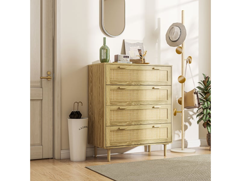  Commode 4 tiroirs meuble de rangement façade tissage en rotin bohème style dim. 90l x 45p x 108,5h cm aspect bois clair  - Conforama W