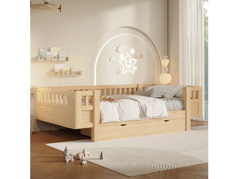  Lit enfant avec tiroirs modenvie 90 x 200 cm, barrière de sécurité, bois et mdf, coloris bois  - Conforama D
