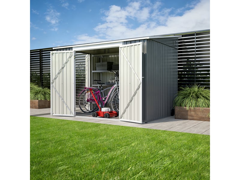  Abri de jardin en métal avec portes battantes, serrure, sol et toit monopente pour terrasse et jardin  - Conforama E