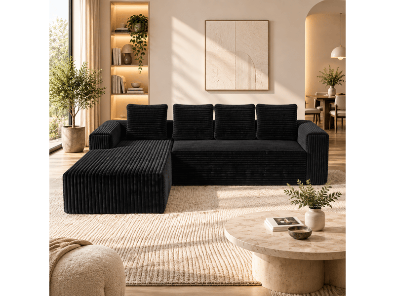 Canapé d’angle 4 places 261x168x58 cm - canapé en l avec méridienne réversible - canapé cloud - assise confortable - velours côtelé - noir CozyNest - Conforama D