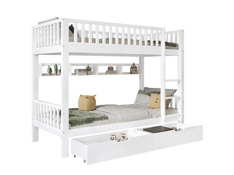 Lit superposé 90x200cm avec échelle 3 marches barrière étagères tiroirs blanc  - Conforama A