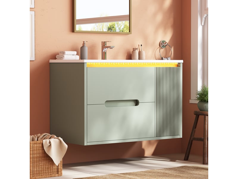 Meuble vasque mural 81x47x51 cm, meuble salle de bain avec vasque céramique, led, motif ondulé, tiroirs, portes et étagères réglables, mdf, vert Bliss Lite - Conforama D
