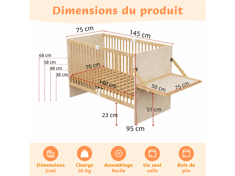Lit d’appoint bébé 70x140 cm en pin massif - 4 hauteurs de sommier réglables, lit bébé avec table à langer latérale pliable - structure à barreaux sécurisée - certifié en716 - charge maximale 50 kg - Conforama C
