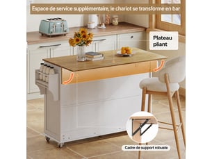 Îlot de cuisine blanc avec plateau rabattable, 4 portes, 3 tiroirs et 5 roulettes verrouillables