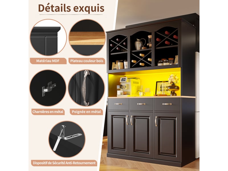 Meuble de cuisine muvano, buffet de cuisine noir avec led, 3 portes et 3 tiroirs, 120 × 40 × 180 cm  - Conforama E