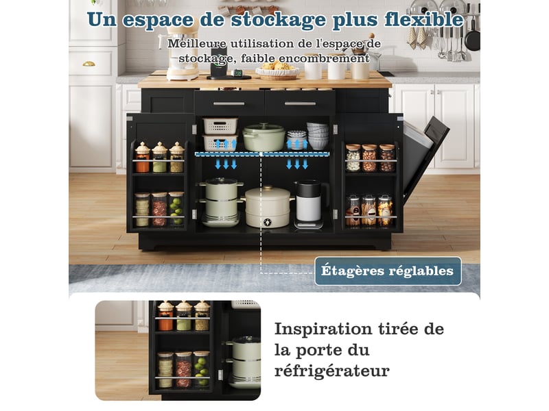 Îlot de cuisine armoire buffet chariot coulissant roulettes deux côtés étagère épices deux portes deux tiroirs noir et bois  - Conforama E