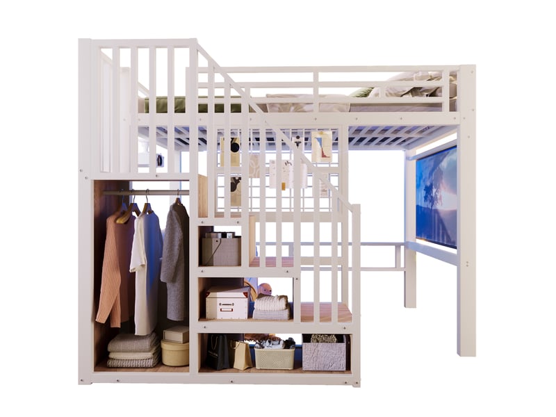  Lit mezzanine 140x200 cm avec led, escalier de rangement, panneau grillagé, support projecteur et sommier, gain de place en métal, blanc Sol Morn - Conforama A
