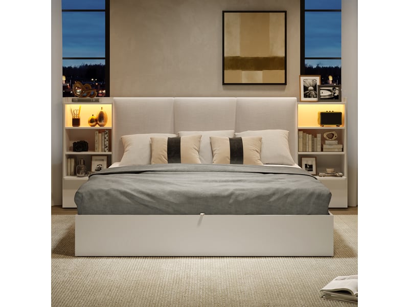 Lit coffre 180x200 avec rangement hydraulique, tête de lit rembourrée 6 niches et led 7 couleurs, mdfcontreplaqué, blanc Morn Vibe - Conforama D