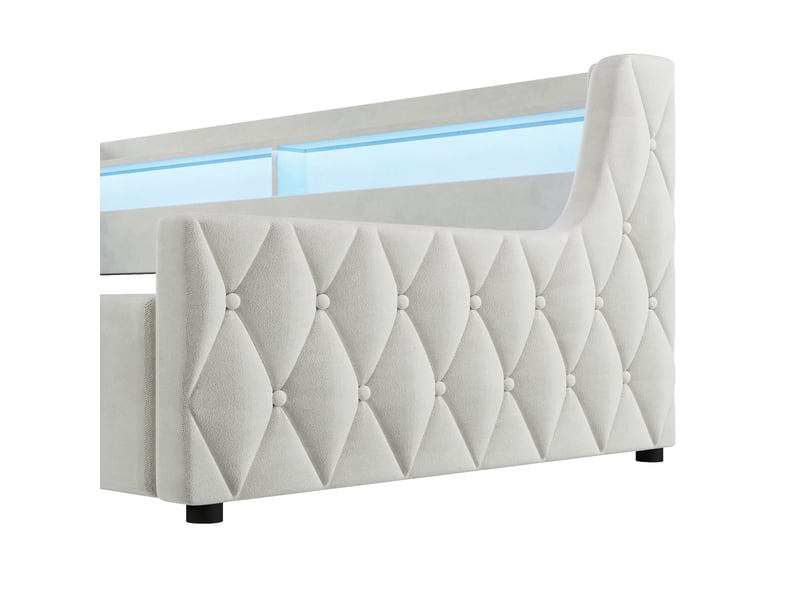  Lit pour jeune, 90x200 cm, coffre avec ouverture hydraulique, tete de lit led, allure moderne, flanelle, coloris beige  - Conforama E