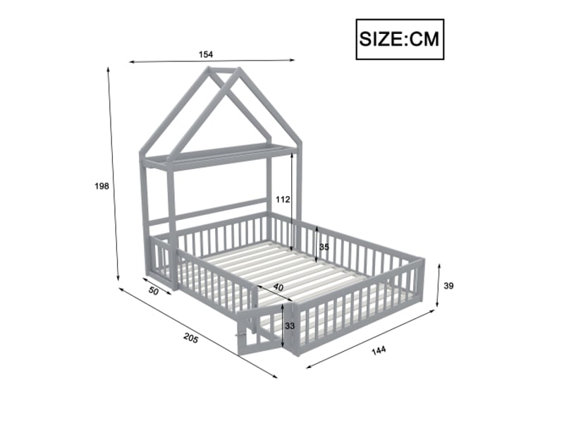  Lit cabane 140x200 cm, lit double avec grille de protection et sommier à lattes, en bois, gris, sans matelas  - Conforama D