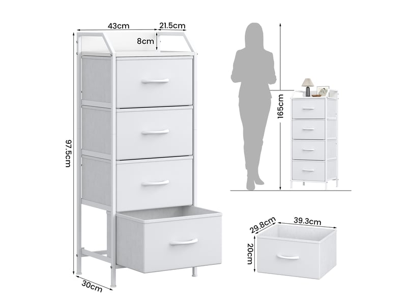  Chiffonnier meuble 43x30x98 cm quatre tiroirs tissu blanc et structure metal moderne  - Conforama E