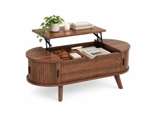 Table basse relevable ovale 110x50 cm – noyer – plateau hydraulique, rangement et portes coulissantes