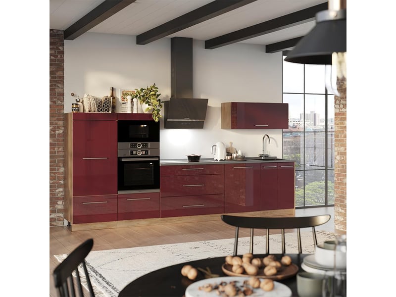 Vicco cuisine, rouge bordeaux haute brillancechêne de force doré, 340cm sans pt - Conforama C