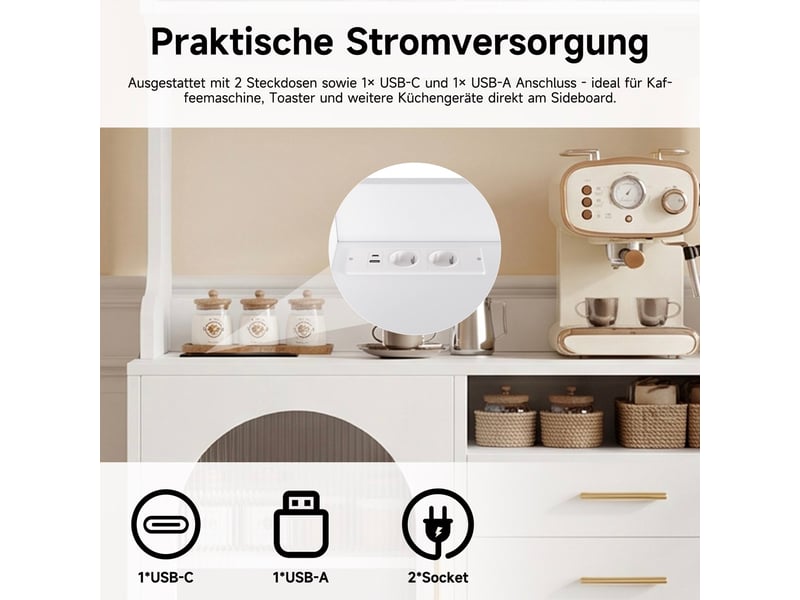  Buffet haut 100.5x40x178 cm - rangement multi-niveaux - prises et usb-ausb-c intégrés - façade acrylique ondulée - blanc  - Conforama E