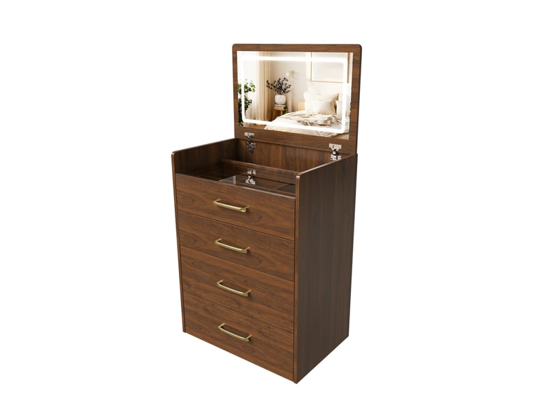  Coiffeuse d'angle 3 en 1 avec miroir 60x40x118 cm, meuble de chambre, 3 tiroirs, plateau en verre, mdf, couleur noyer  - Conforama A