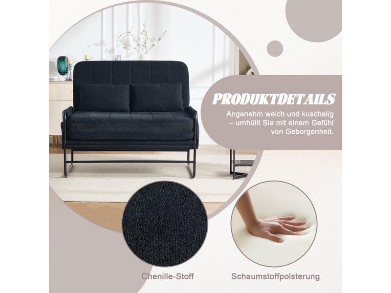 Canapé convertible 2 places noir, canapé-lit avec rangement intégré et cadre métal industriel, tissu chenille pour salon ou bureau - Conforama D