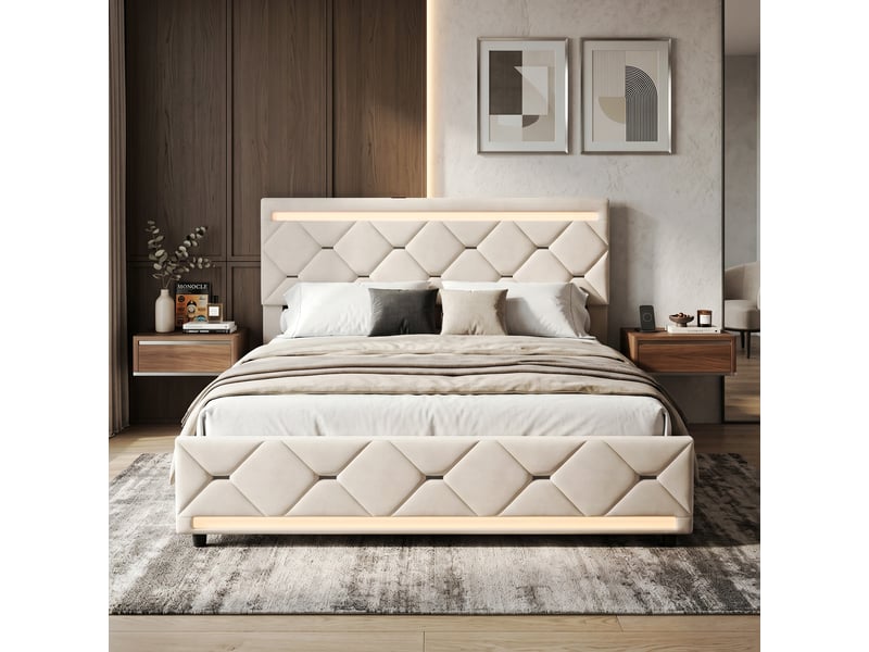  Dreammespace lit double king size 160x200 cm - lit avec rangement 4 tiroirs &amp; led ambiance, ports usb, velours beige DreamMespace - Conforama B