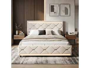 Dreammespace lit double king size 160x200 cm - lit avec rangement 4 tiroirs & led ambiance, ports usb, velours beige
