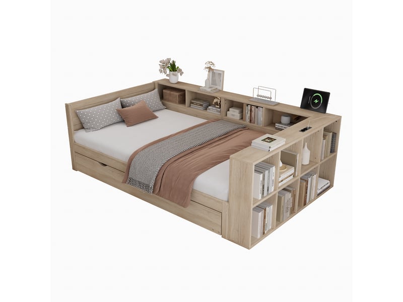  Lit enfant gigogne 120 x 200 + 90 x 190 cm en bois naturel, rangements intégrés, module réversible et prises usb  - Conforama A