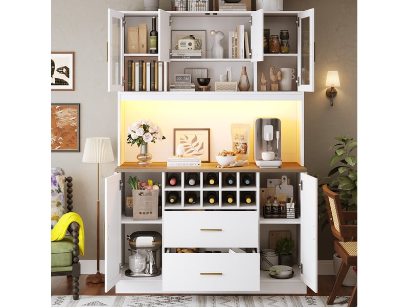 Buffet de cuisine modenvie 120 x 36,3 x 180 cm avec led, prises usb, 6 portes, 2 tiroirs, blanc et noir - Conforama D